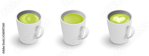 Realistic 3d cup of hot aromatic green Japanese tea matcha latte drink set. A teacup isometric view isolated on white background. Vector illustration for web design, menu, app, advert