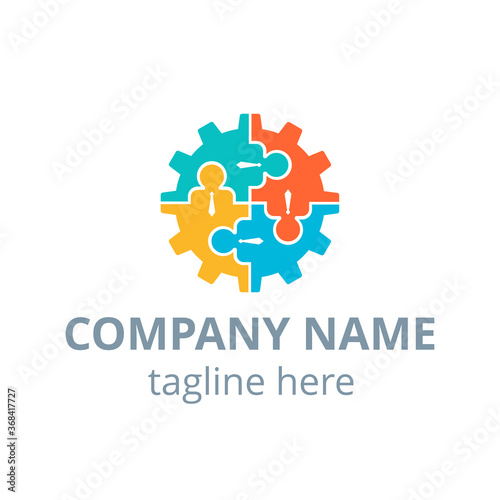 Human resources (HR) or team work (working solutions) logo template - circular emblem with people, puzzle and gears associations