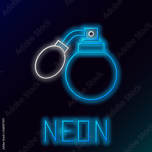 Glowing neon line Aftershave bottle with atomizer icon isolated on black background. Cologne spray icon. Male perfume bottle. Colorful outline concept. Vector.