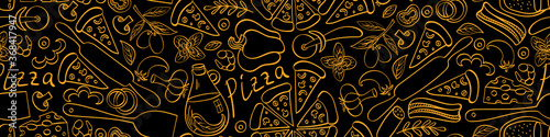 Pizza with ingredients and supplies hand drawn seamless banner. Food doodles on black background. Vector illustration.