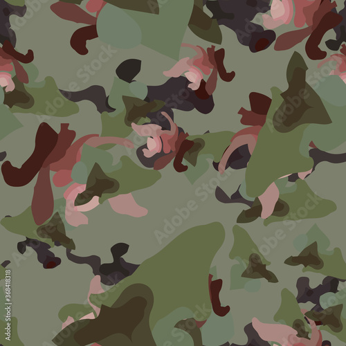 Forest camouflage of various shades of pink, green and brown colors