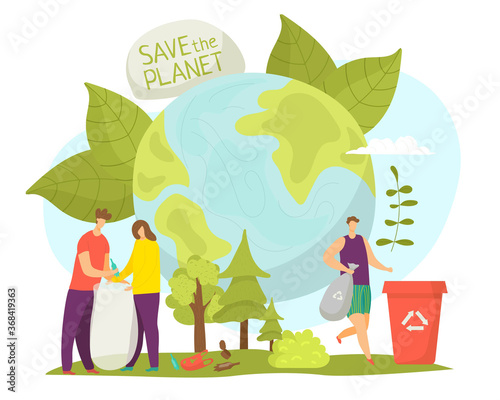 Planet environment and ecology care, vector illustration. People character save earth nature, clean environmental world concept. Cartoon global protection, man woman volunteer design.