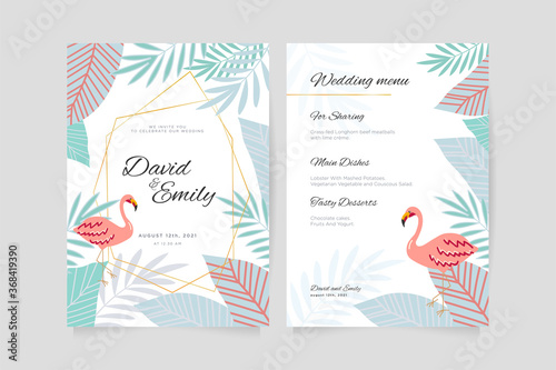 Wedding invitation and menu template with blue leaves and pink flamingo