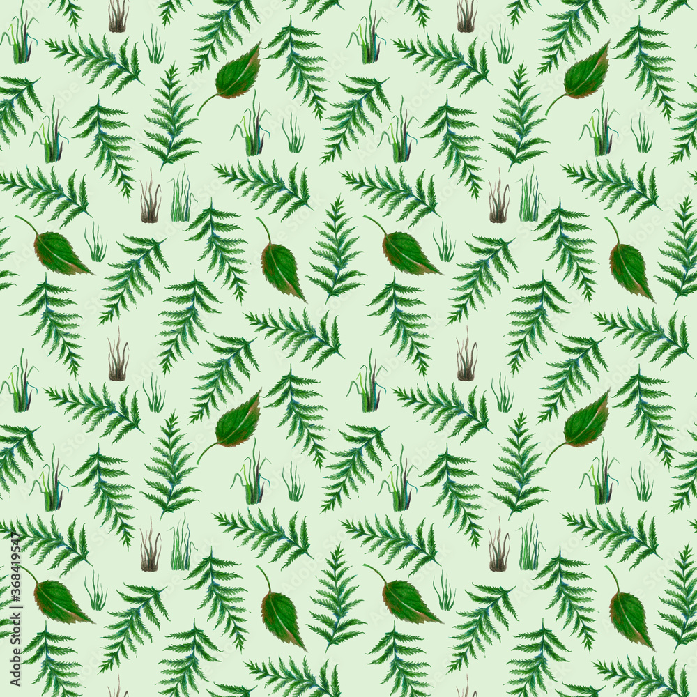 seamless pattern with green leaves, 
ferns and forest grasses