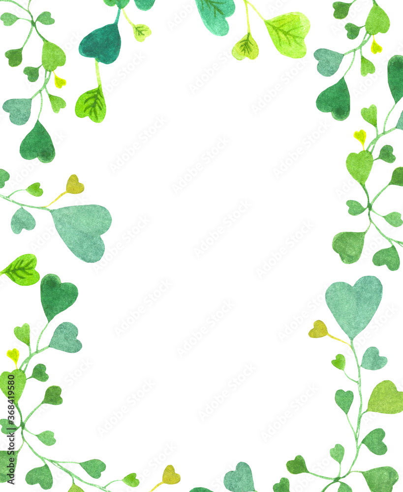 Watercolor illustration, square
   frame, wreath with green leaves on a white background, summer, eco, background, frame from a twig