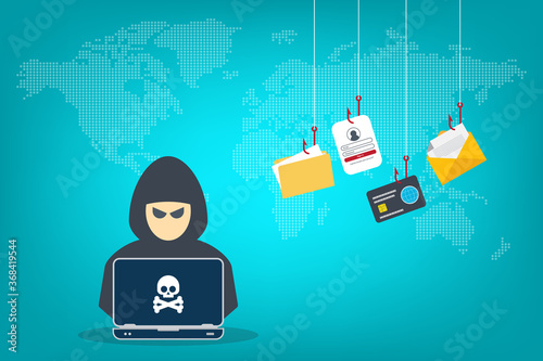 Hacker with laptop computer stealing confidential data, personal information and credit card detail. Hacking concept.	