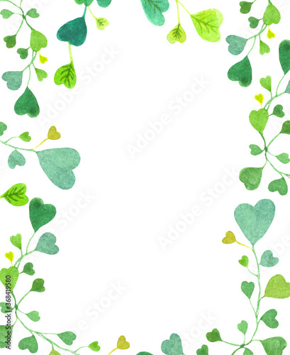Watercolor illustration, square
   frame, wreath with green leaves on a white background, summer, eco, background, frame from a twig