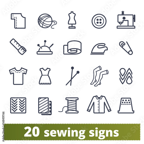 Fashion industry, atelier equipment, sewing and knitting, handicraft clothing icons. Vector collection related to haute couture, sewing studio tools. Pictograms for web, mobile apps isolated on white.