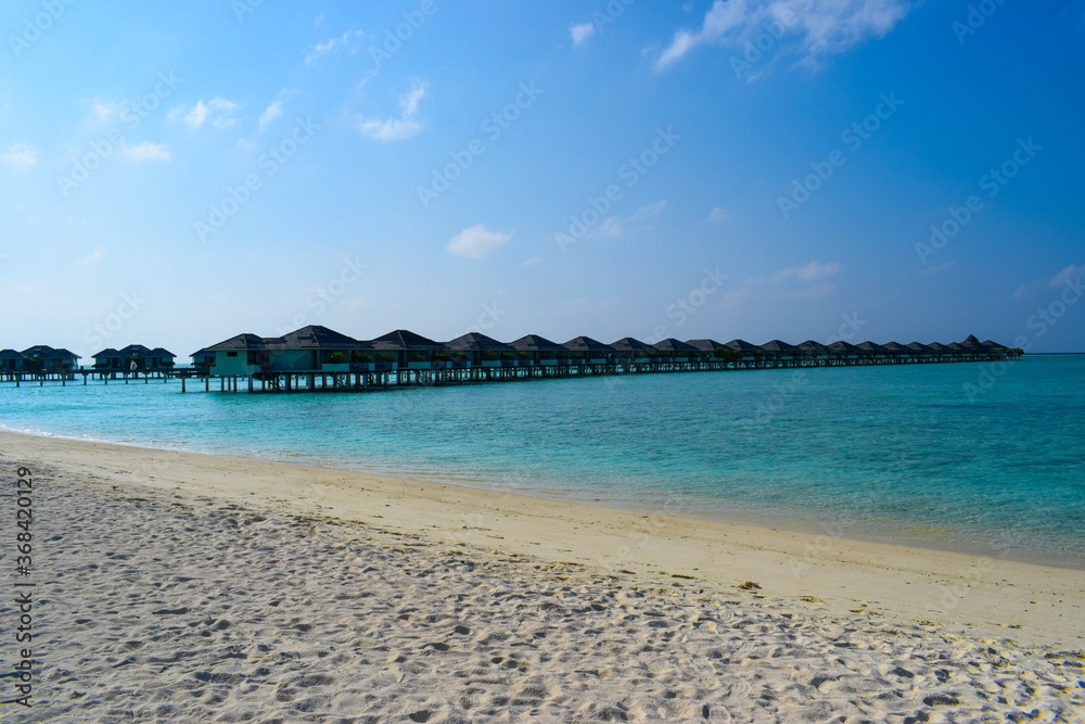 Fototapeta premium Sunny beach with white sand, coconut palm trees and turquoise sea. Summer vacation and tropical beach concept. Overwater at Maldive Island resort.