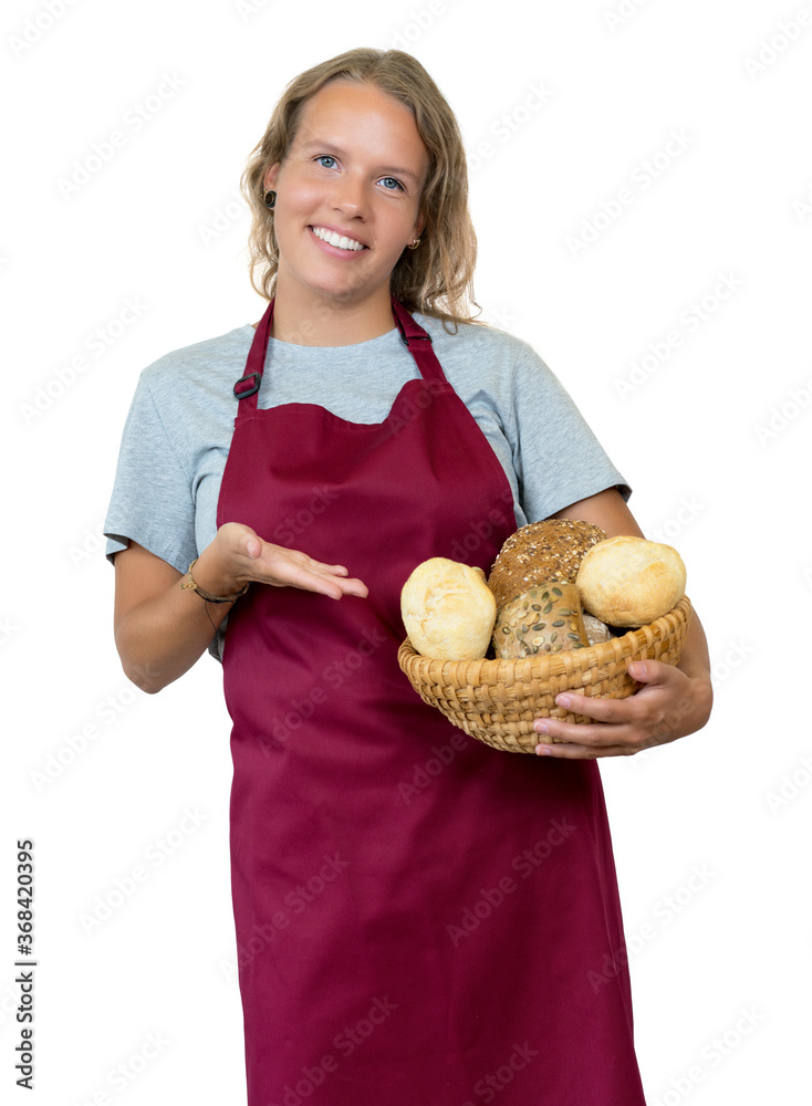 Junge Bäckereiverkäuferin mit frischem Brot und Brötchen
Junge Bäckereiverkäuferin mit frischem Brot und Brötchen