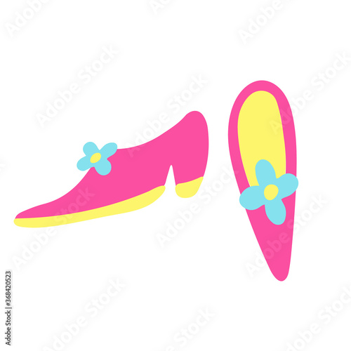 Woman vintage shoes decorated with flowers. Hand drawn vector illustration isolated on white background. Yellow, turquoise and pink colors. Great for kids design.