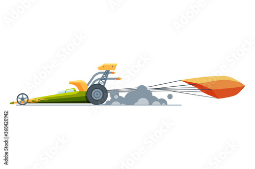 Sport Racing Car, Side View, Fast Motor Racing Bolid with Parachute Vector Illustration