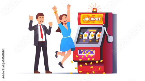 Slot machine jackpot win. Lucky man, woman couple