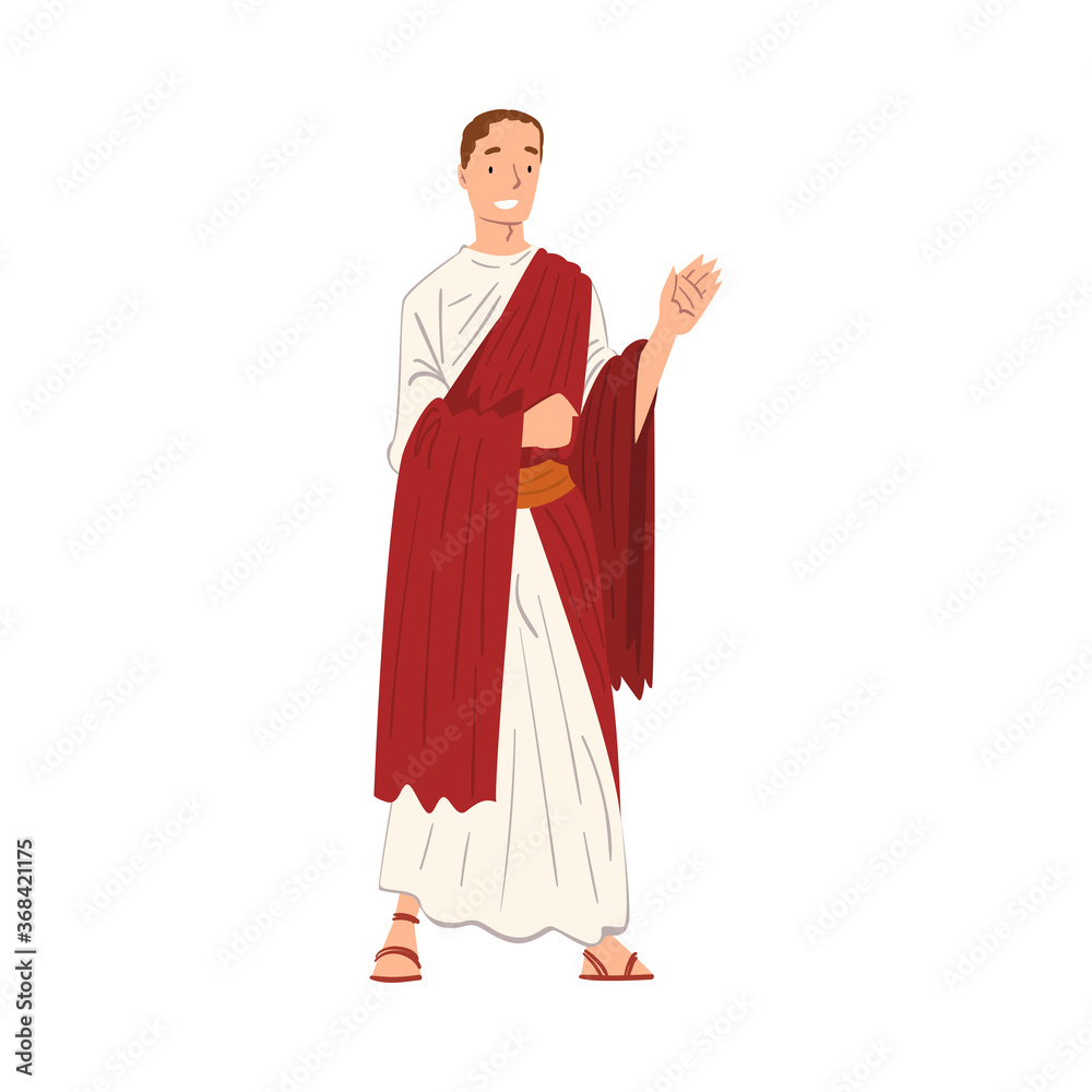 Roman Emperor in Traditional Clothes, Ancient Rome Citizen Character in Red Toga and White Tunic And Sandals Vector Illustration
