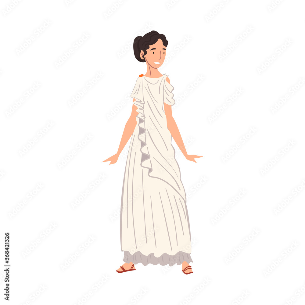 Roman Woman in Traditional Clothes, Ancient Rome Citizen Character in White Tunic And Sandals Vector Illustration