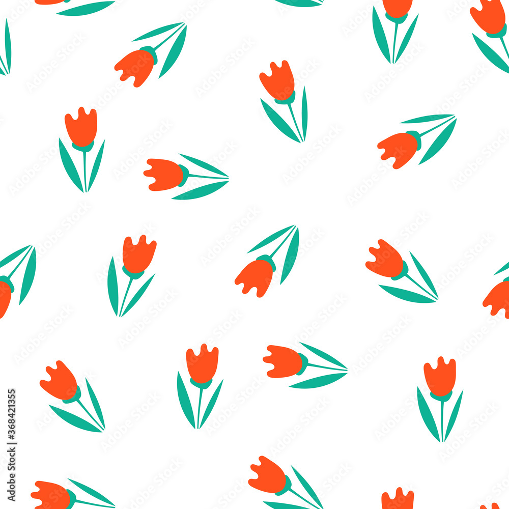 Flowers, tulips, seamless pattern on a white background. Flat design, vector background