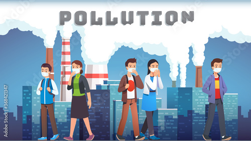 Smog polluted urban landscape with coughing people