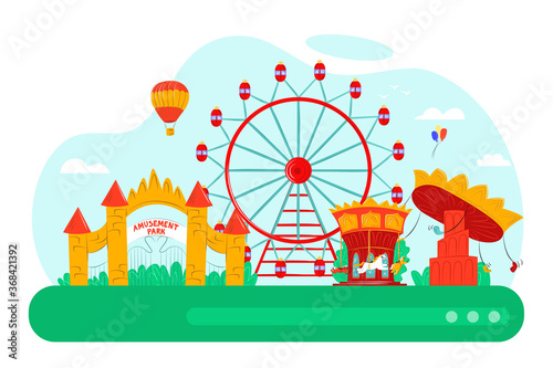 Amusement park with fun carousel design, vector illustration. Cartoon balloon, fair wheel flat attraction and entertainment concept.Carnival castle at festival city, playground landscape.