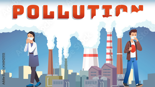 Smog polluted urban landscape with coughing people