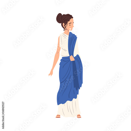 Beautiful Roman Woman in Traditional Clothes, Ancient Rome Citizen Character in White and Blue Tunic And Sandals Vector Illustration