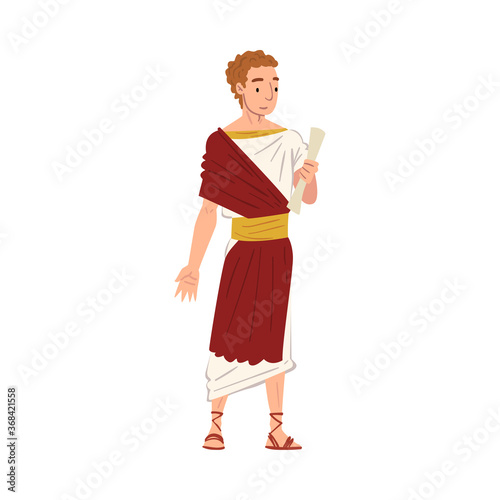 Roman Senator in Traditional Clothes, Ancient Rome Citizen Character in White and Red Tunic And Sandals Vector Illustration