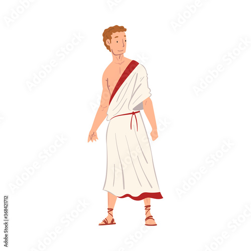 Roman Man in Traditional Clothes, Ancient Rome Citizen Character in White Tunic And Sandals Vector Illustration
