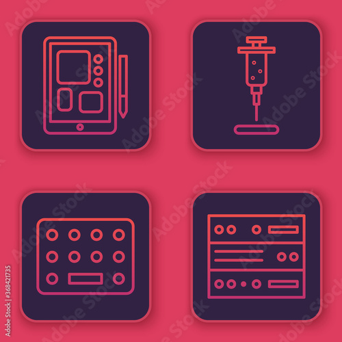 Set line Graphic tablet, Pills in blister pack, Syringe and Server, Data, Web Hosting. Blue square button. Vector.