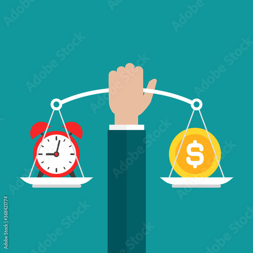 Businessman hand holds white mechanical scales with dollar coin and red alarm clock in pans.