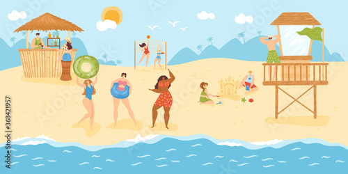 Beach leisure for people at summer vacation, vector illustration.Man woman character at tropical ocean resort, holiday cartoon lifestyle. Happy relax travel at seaside, fun recreation activity.