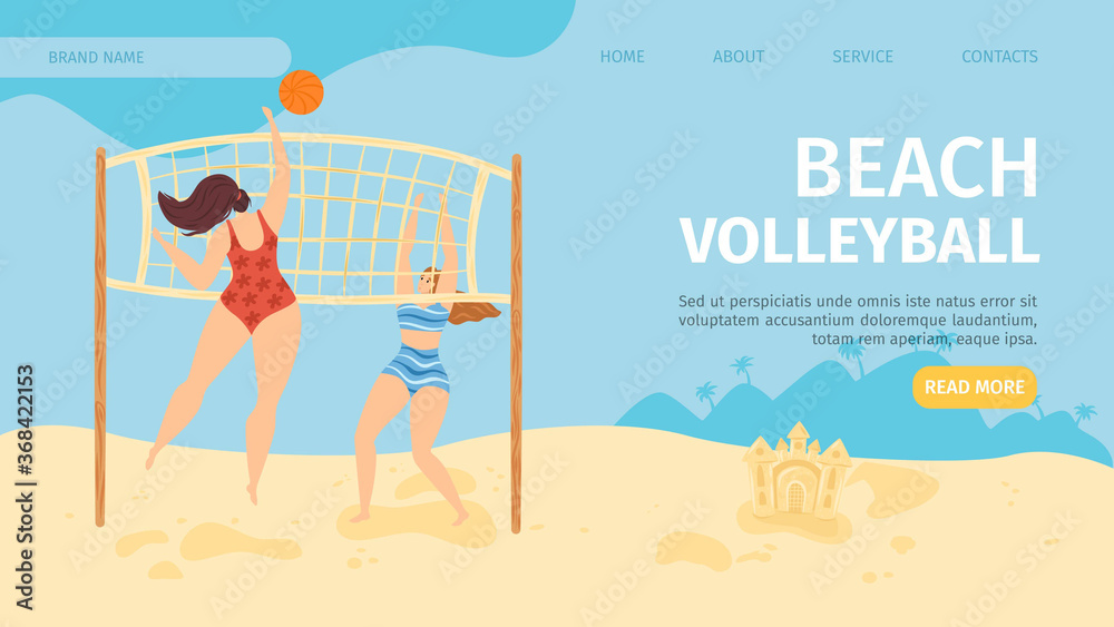Beach flat sport banner, vector illustration. People cartoon character play volleyball, girl lifestyle activity at template page. Outdoor summer active with ball and playing game, web landing design.