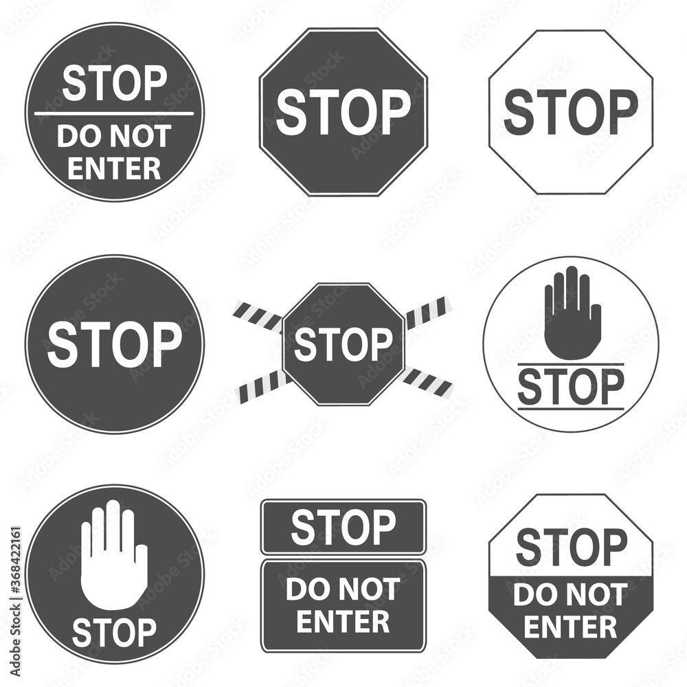 Stop sign. Set of stop icons isolated on white background. Vector illustration. Stop sign. Set of stop icons isolated on white background. Vector illustration.