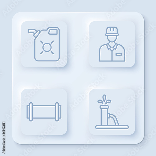 Set line Canister for motor oil, Oilman, Industry pipe and Oil pump or pump jack. White square button. Vector.