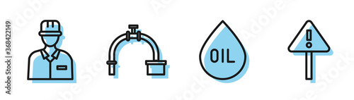 Set line Oil drop, Oilman, Industry pipe and valve and Exclamation mark in triangle icon. Vector.