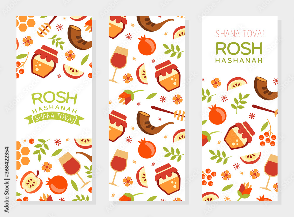 Shana Tova Vertical Banner Templates Set, Rosh Hashanah Traditional Jewish New Year Holiday Poster, Postcard or Invitation Card with Symbols of the Holiday Seamless Pattern Vector Illustration Shana Tova Vertical Banner Templates Set, Rosh Hashanah Traditional Jewish New Year Holiday Poster, Postcard or Invitation Card with Symbols of the Holiday Seamless Pattern Vector Illustration