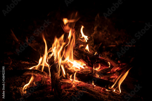 Bright burning fire in front of black background