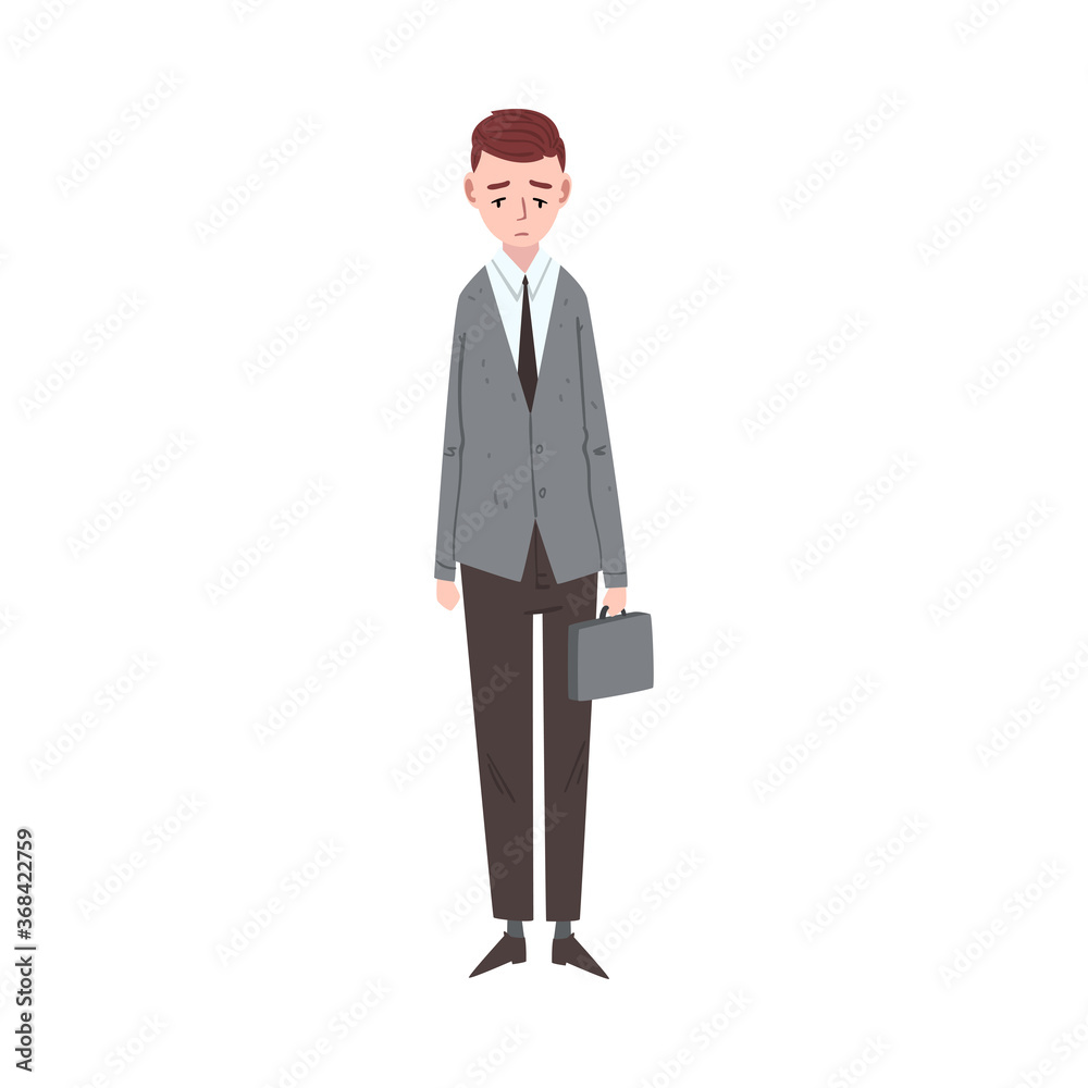Sad Businessman Standing with Briefcase, Depressed Unhappy Male Office Worker Character in Suit, Tired or Exhausted Manager Vector Illustration