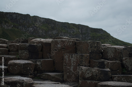 The Giant's Causeway in Northern Ireland, hexagonal rocks on the coast.
