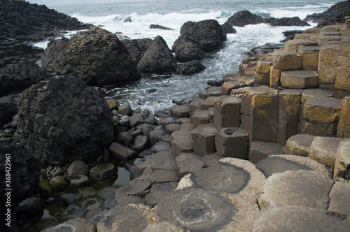 The Giant's Causeway in Northern Ireland, hexagonal rocks on the coast.