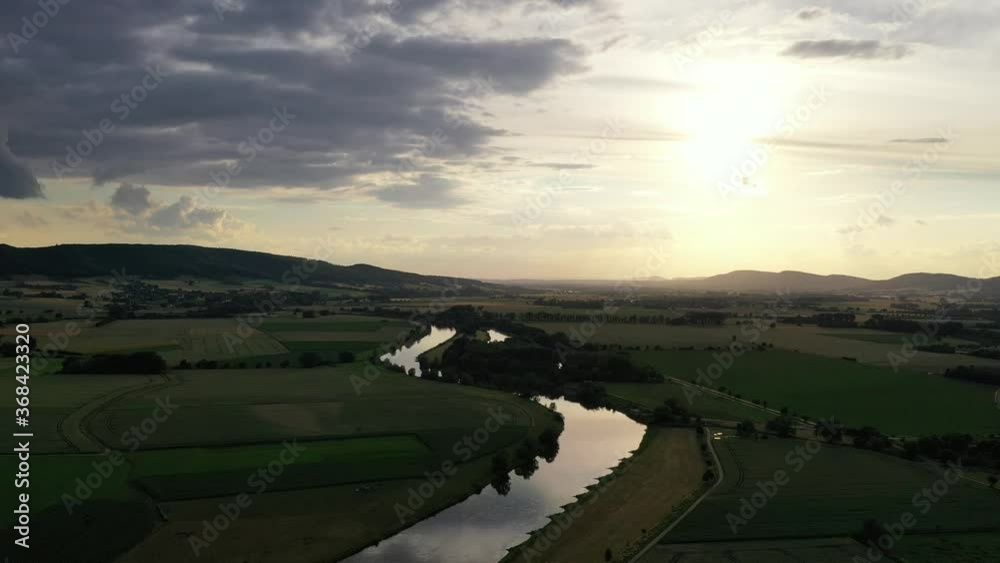 Drone flight over river Weser , Germany Drone flight over river Weser , Germany
