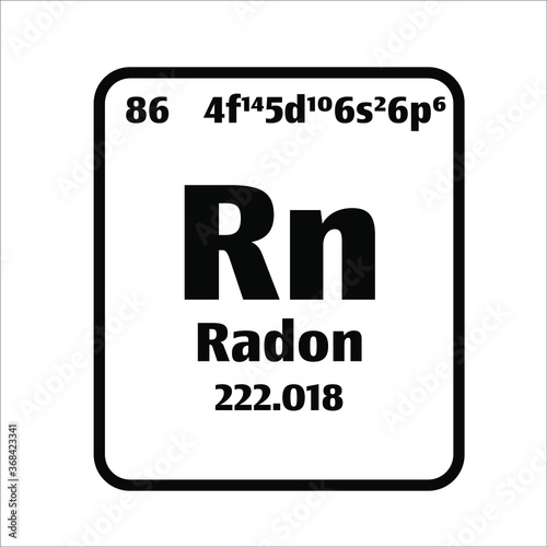 Radon (Rn) button on black and white background on the periodic table of elements with atomic number or a chemistry science concept or experiment. 