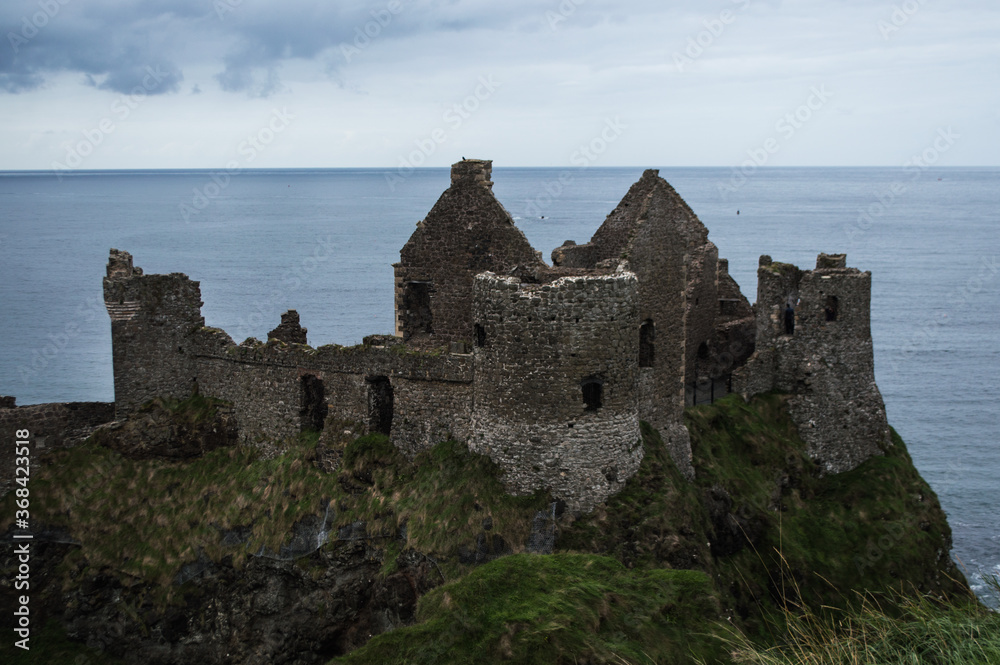 Ruins of an old castle on the seafront of Northern Ireland.