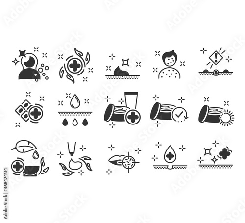 Icons in flat, contour,thin and linear design.Cosmetology. Skin care.Simple isolated icons. Dermatologically