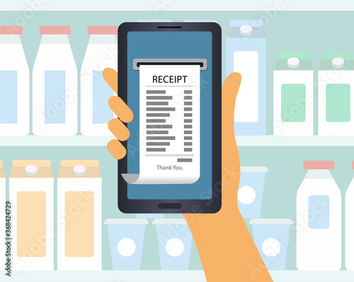 Supermarket. customer hand holds a mobile phone with receipt. Flat design vector illustration. Man or woman is holding shopping list on a background of bottles.