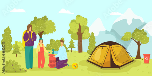 Camp tent in forest  family at summer nature vector illustration. Flat tourism activity at vacation. Cartoon adventure leisure. Man woman people outdoor travel  holiday journey landscape.