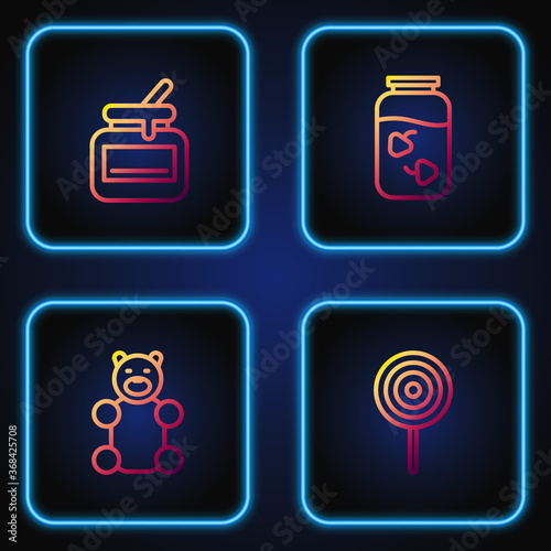 Set line Lollipop, Jelly bear candy, Jar of honey and Strawberry jam jar. Gradient color icons. Vector.