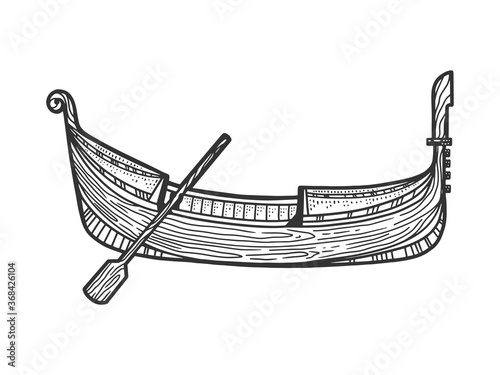 Gondola flat bottomed Venetian rowing boat sketch engraving vector illustration. T-shirt apparel print design. Scratch board imitation. Black and white hand drawn image.