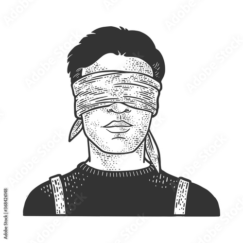 blindfolded man sketch engraving vector illustration. T-shirt apparel print design. Scratch board imitation. Black and white hand drawn image.