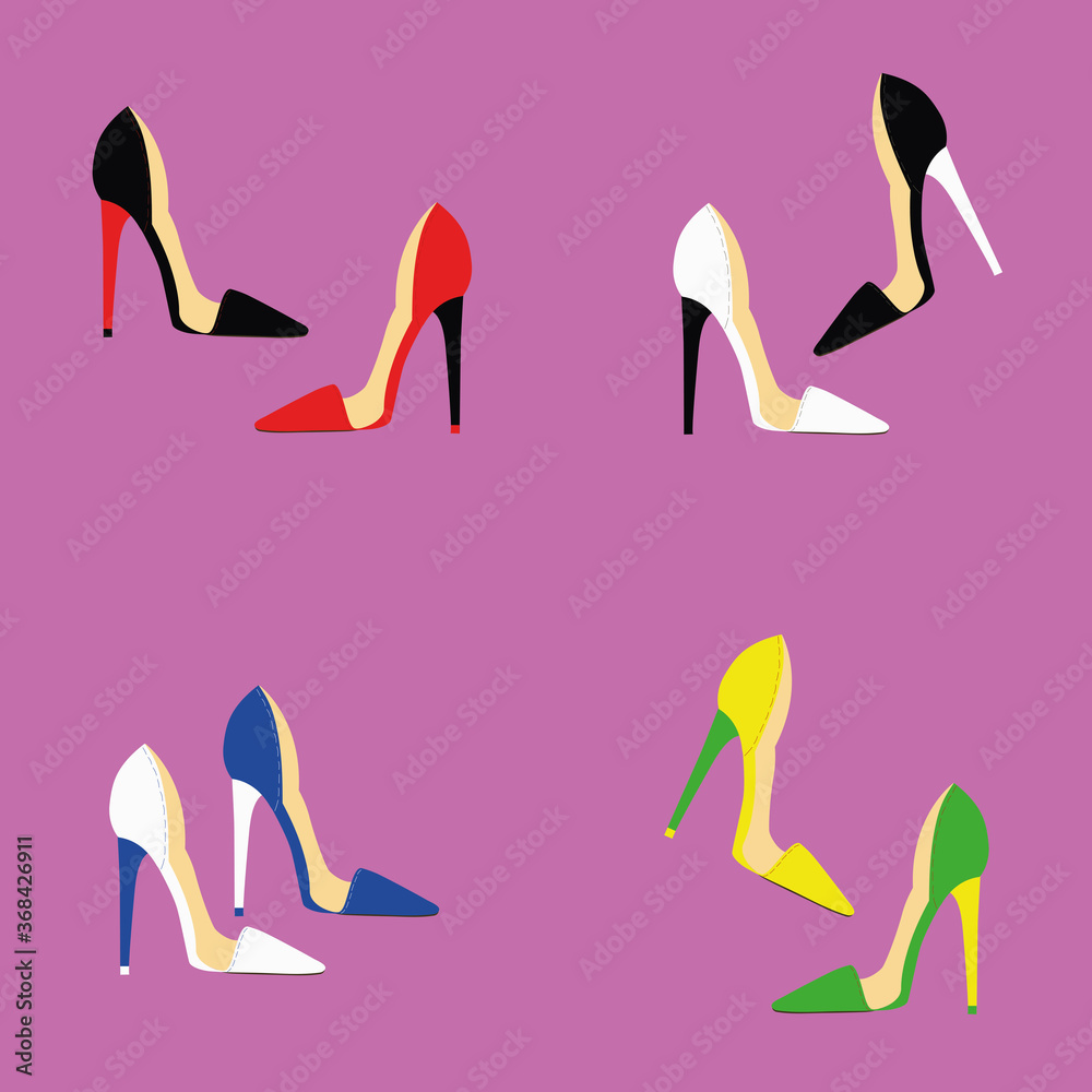 Beautiful multi-colored women s shoes on a purple background, sexy shoes, classic. High-heeled shoes. Vector illustration