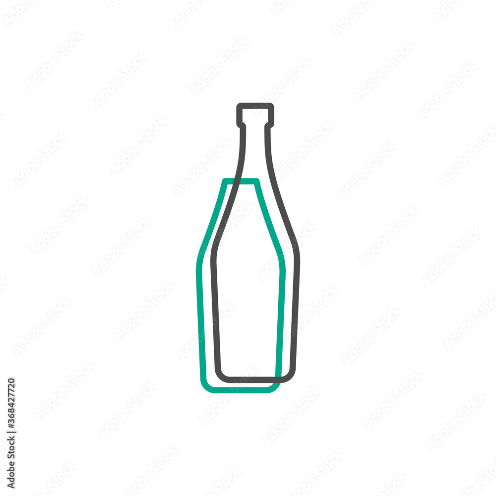 Simple line shape of martini bottle. One contour figure of a bottle, the second drink. Outline symbol wine dark color. Sign liquid green. Isolated flat illustration on a white background Simple line shape of martini bottle. One contour figure of a bottle, the second drink. Outline symbol wine dark color. Sign liquid green. Isolated flat illustration on a white background