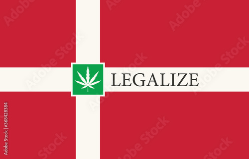 Banner in the form of the Danish flag with a hemp leaf. The concept of legalizing marijuana, cannabis in Denmark. Medical legalization of cannabis. Drug use. Smoking weed